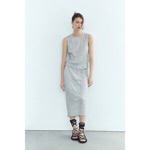 NWT Zara metallic fibre silver wrinkle effect crinkle high waist midi skirt, S